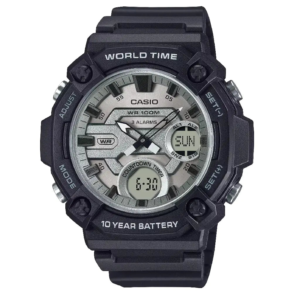 Casio Analog-Digital World Time AEQ-120W-7AVDF with Fishing Timer Grey Dial Resin Strap Men's Watch