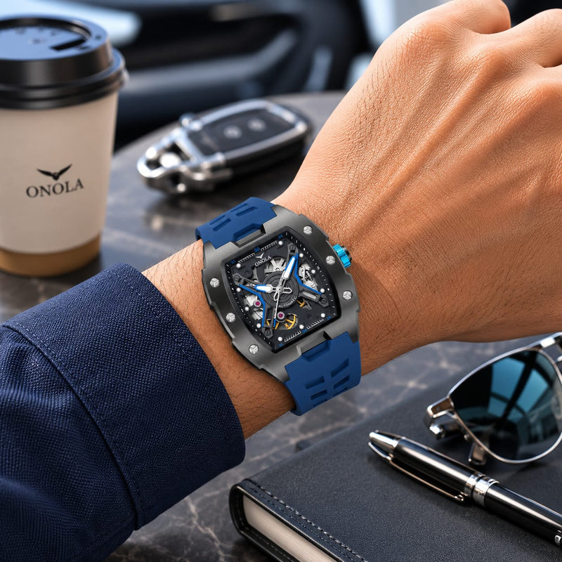 ONOLA Skeleton Automatic Watch for Men | Waterproof Silicone Strap detail view