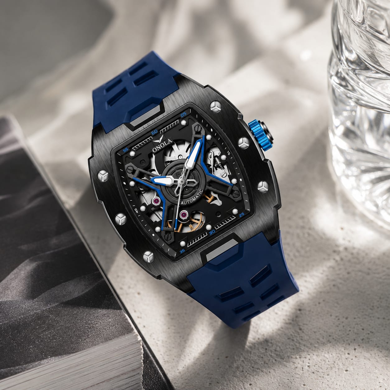 ONOLA Skeleton Automatic Watch for Men | Waterproof Silicone Strap