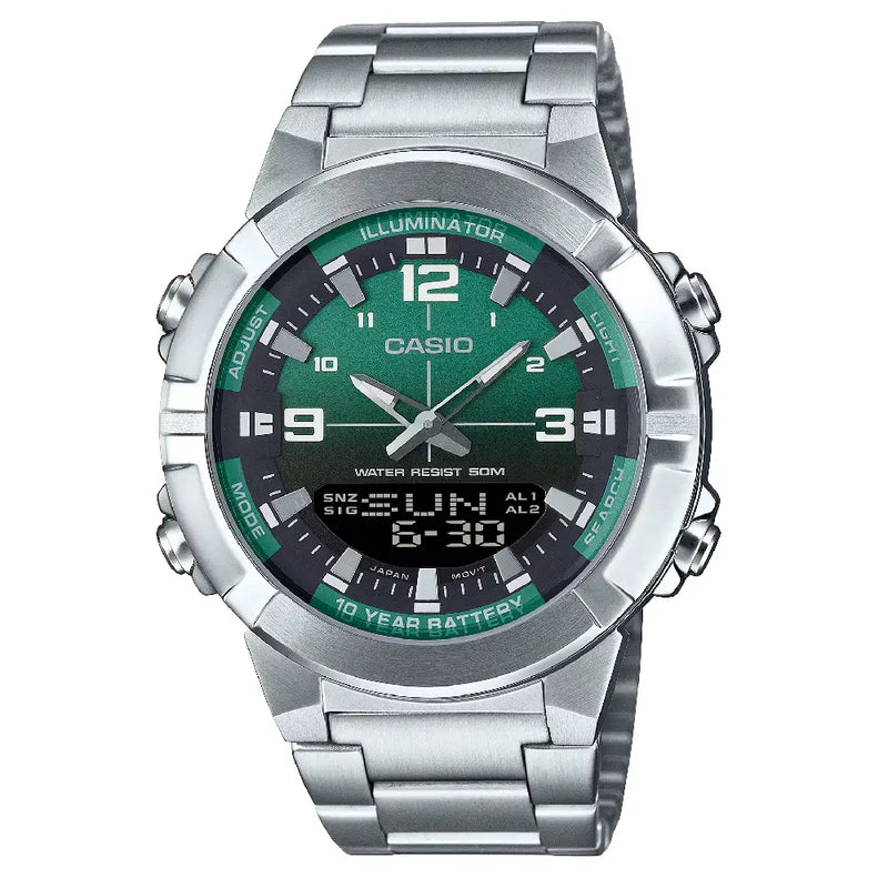 Casio Analog-Digital World Time AMW-870DA-3AVDF Green Dial Stainless Steel Men's Watch