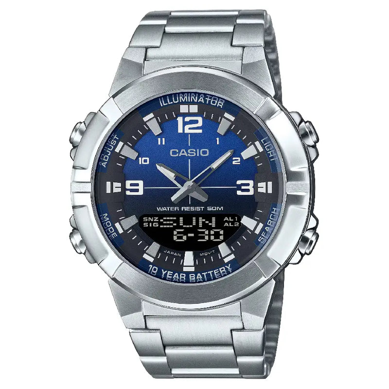 Casio Analog-Digital World Time AMW-870DA-2A1VDF Blue Dial Stainless Steel Men's Watch