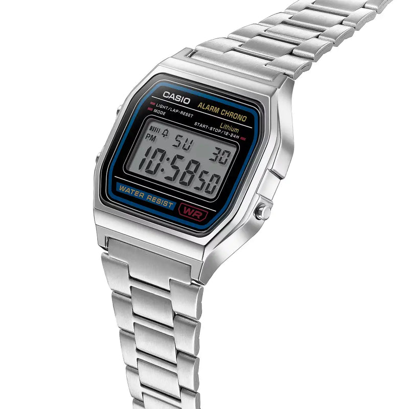 Casio Vintage Digital A158WA-1DF Black Dial Stainless Steel Unisex Watch detail view