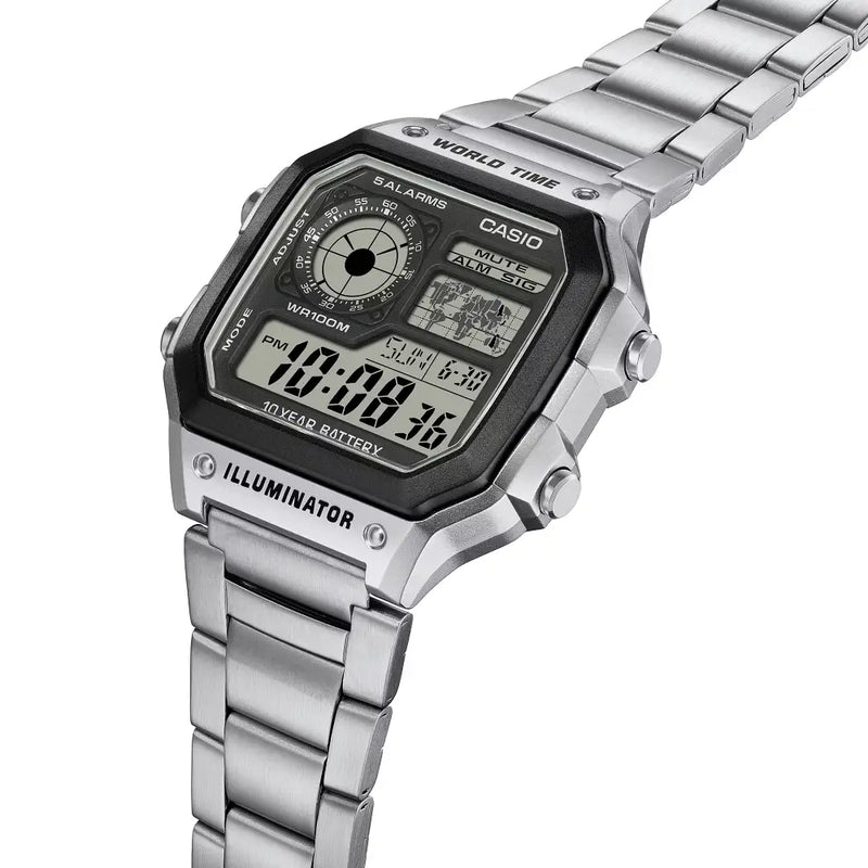 Casio World Time Digital AE-1200WHD-1AVDF Grey/Black Dial Digital and Analog Stainless Steel Men's Watch detail view