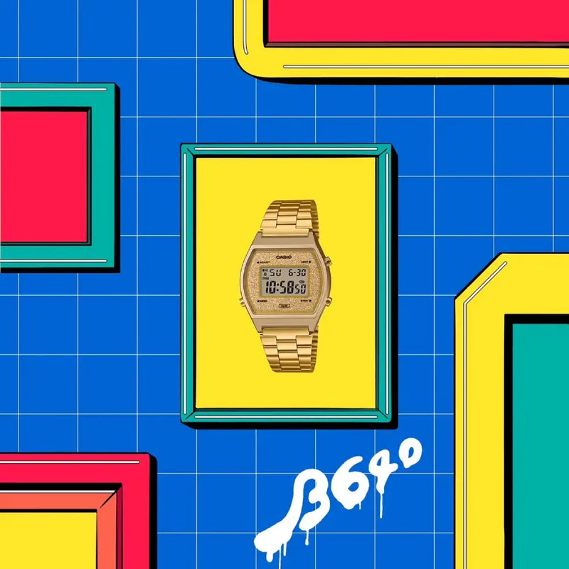 Casio Vintage Digital B640WGG-9DF Gold Dial Stainless Steel Unisex Watch detail view