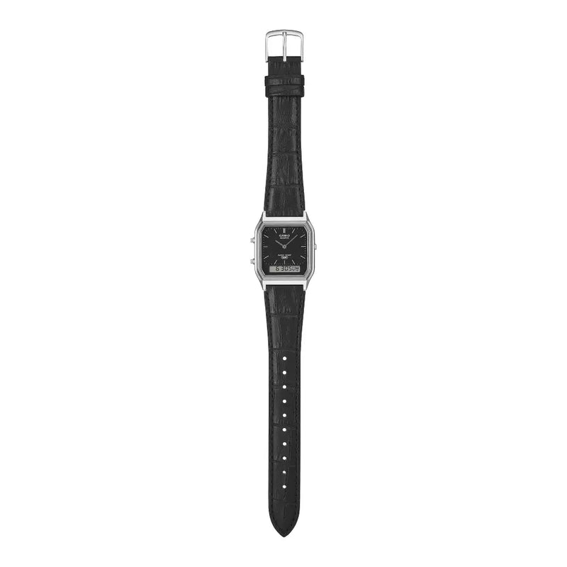 Casio Vintage Analog-Digital AQ-230EL-1ADF Black Dial Black Leather Strap Men's Watch detail view