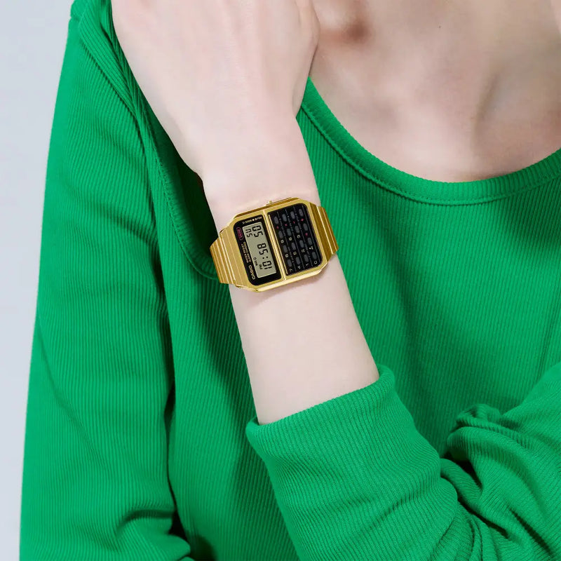 Casio Vintage Calculator Digital CA-500WEG-1A Black Dial 34mm Gold-Tone Stainless Steel Unisex Watch detail view