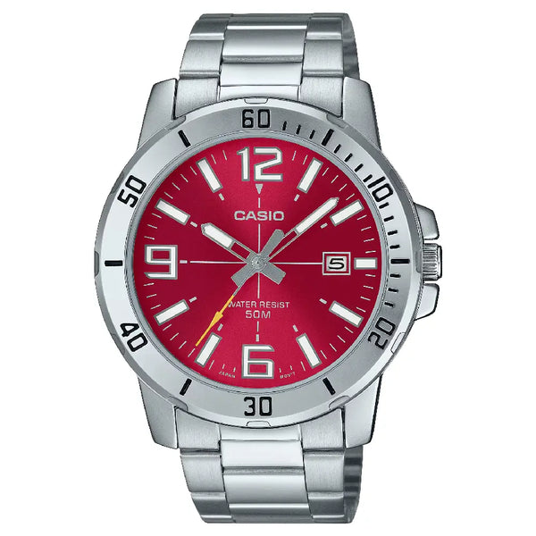 Casio Enticer MTP-VD01D-4BVUDF Date Analog Red Dial Stainless Steel Men's Watch