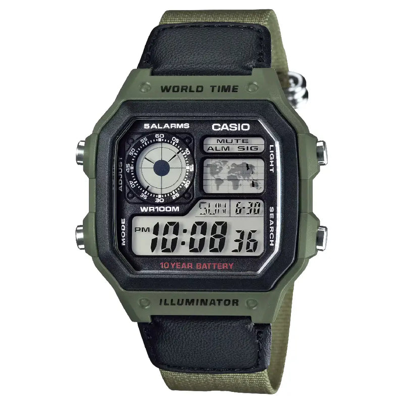 Casio World Time Digital AE-1200WHB-3BVDF Grey/Black Dial Digital and Analog Fabric Strap Men's Watch