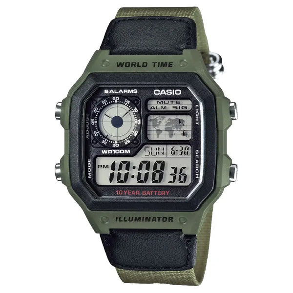 Casio World Time Digital AE-1200WHB-3BVDF Grey/Black Dial Digital and Analog Fabric Strap Men's Watch