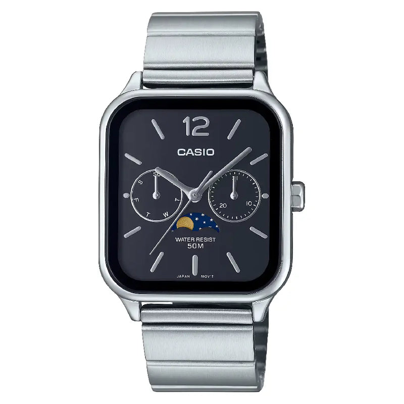 Casio Enticer MTP-M305D-1AVDF Multi-Hand Moon Phase Analog Black Dial Stainless Steel Men's Watch
