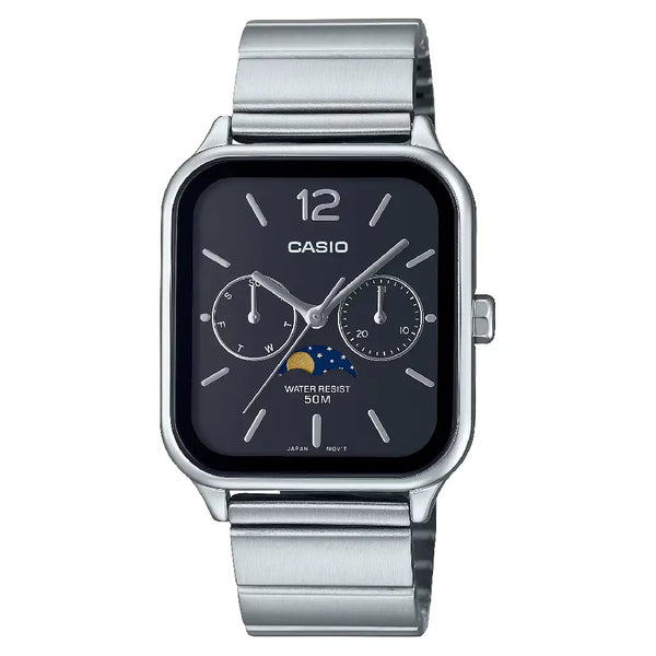 Casio Enticer MTP-M305D-1AVDF Multi-Hand Moon Phase Analog Black Dial Stainless Steel Men's Watch