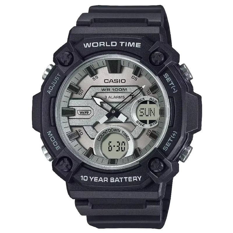 Casio Analog-Digital World Time AEQ-120W-7AVDF with Fishing Timer Grey Dial Resin Strap Men's Watch