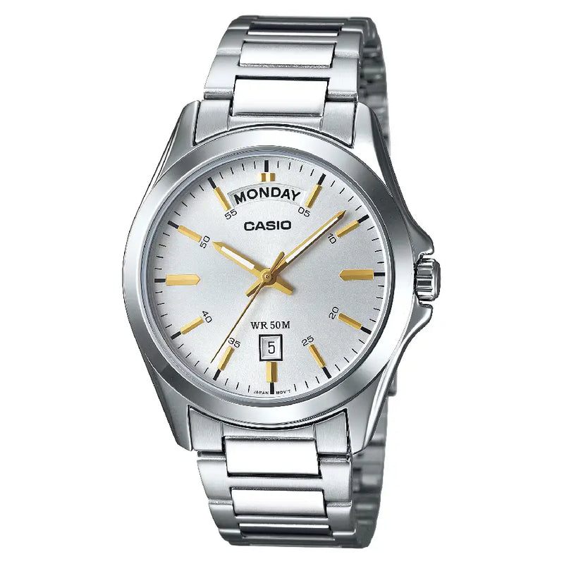 Casio Enticer Analog Day-Date MTP-1370D-7A2VDF Silver Dial Stainless Steel Men's Watch