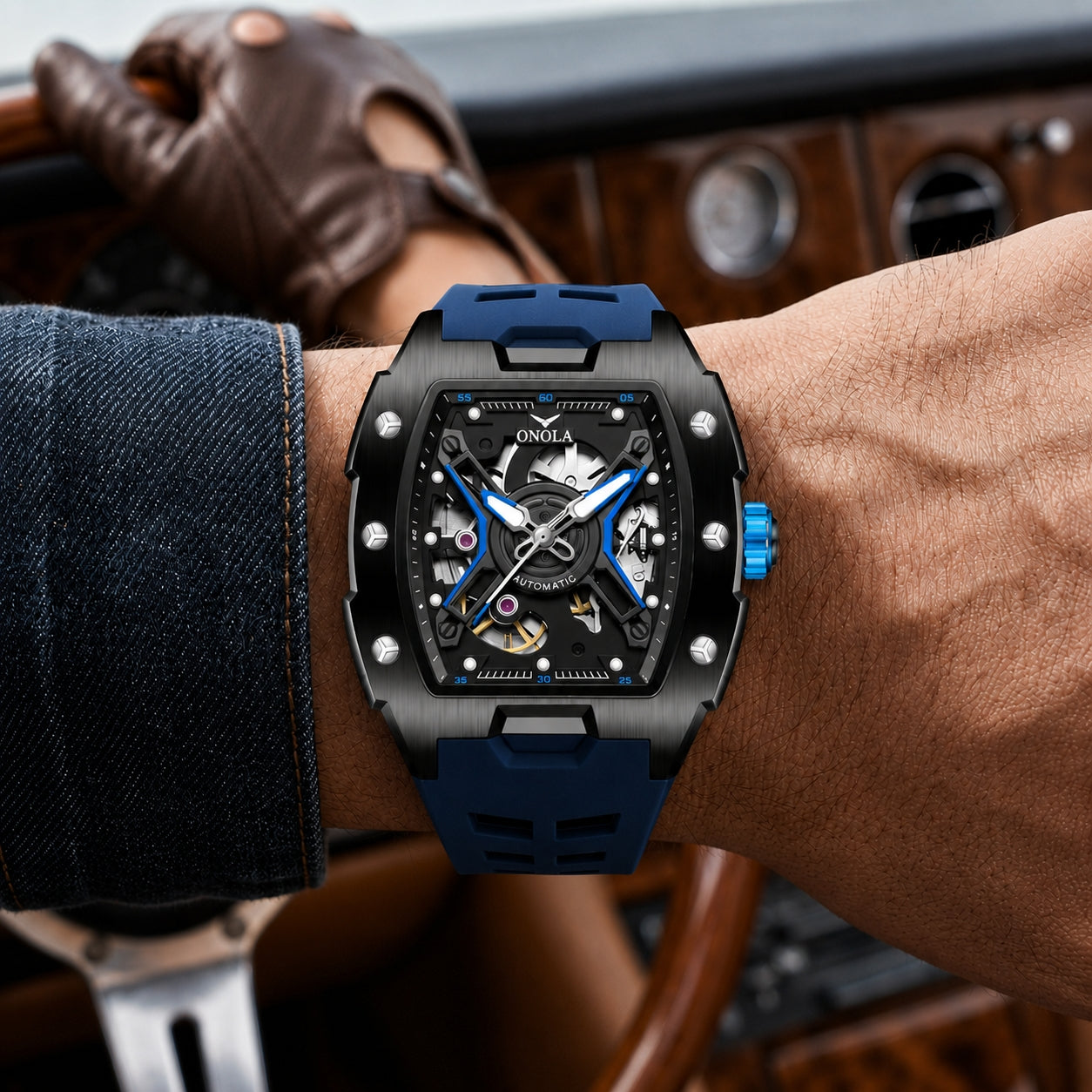 ONOLA Skeleton Automatic Watch for Men | Waterproof Silicone Strap